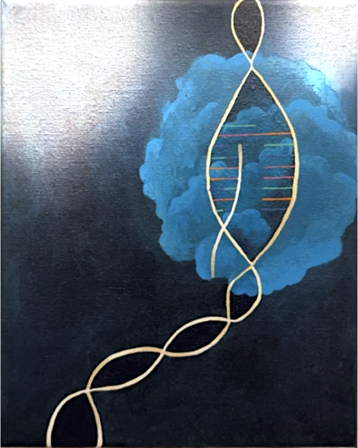 My painting: a gold DNA double helix unzipping across a blue cloud on a dark background, with colored base pairs and a new strand inside