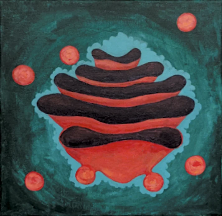 My painting of the Golgi apparatus: stacked dark and red-orange sacs on a teal background, ringed by round vesicles