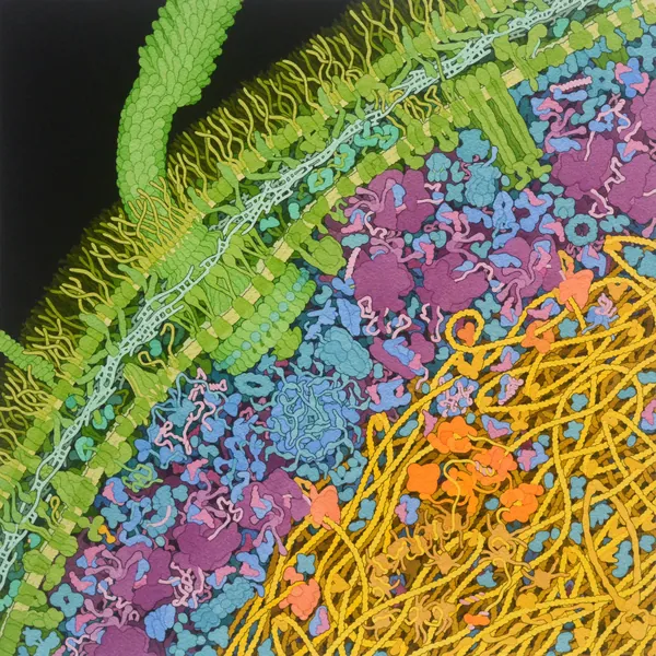 Goodsell's watercolor cross-section of a bacterium: a green cell wall, a yellow tangle of DNA, and crowds of purple, blue and orange molecules